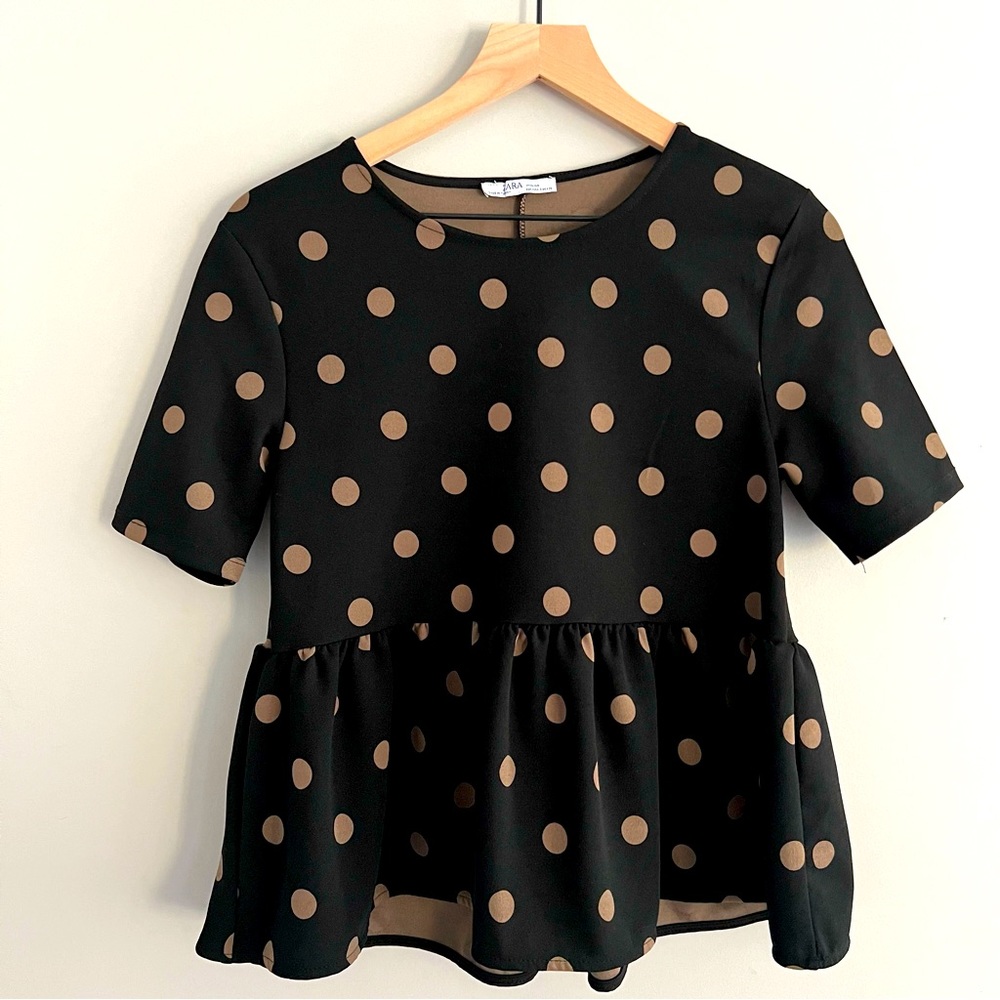 ZARA Women's Blouse Short Sleeve Polka Dot Peplum Black Brown Size Small